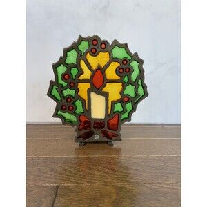 Stained Glass Wreath Holly Berry Candle Votive Holder Vintage Cast Iron